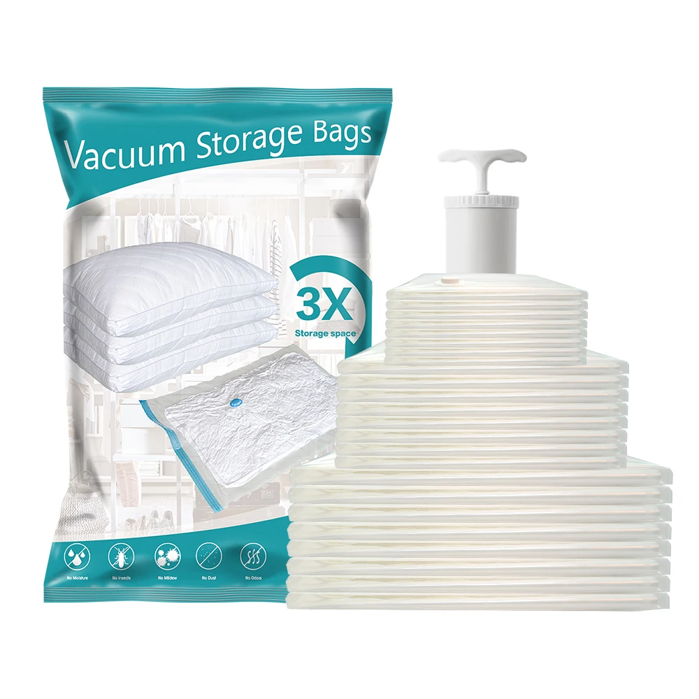 12pcs Vacuum Storage Bags Set with Hand Pump – Space Saving Organizer